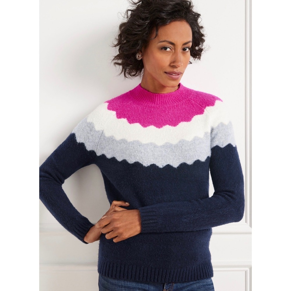 Talbots Petite Mockneck Sweater Scalloped Yoke Colorblock Pink Navy MP JO5161